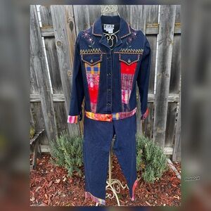 Vintage Faith by Celia Forrester 2 Piece Jean Jacket Beaded Embroidered Set - S